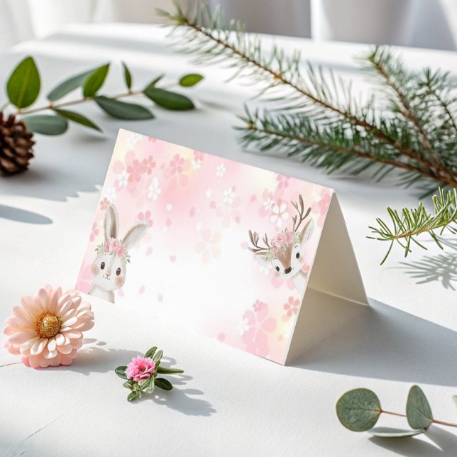 Blush Woodland Baby Girl Folded Thank You Card (Creator Uploaded)