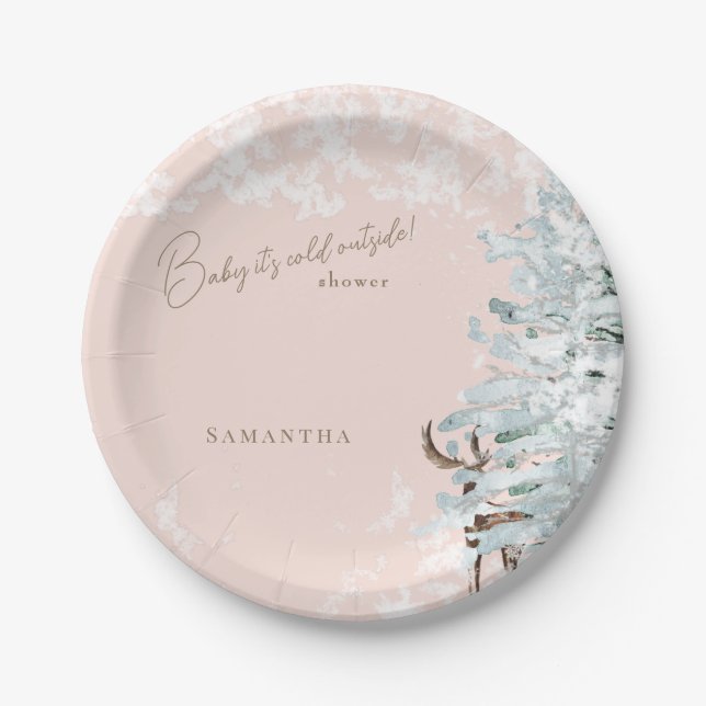 Blush Woodland Baby it's Cold Outside Paper Plates (Front)