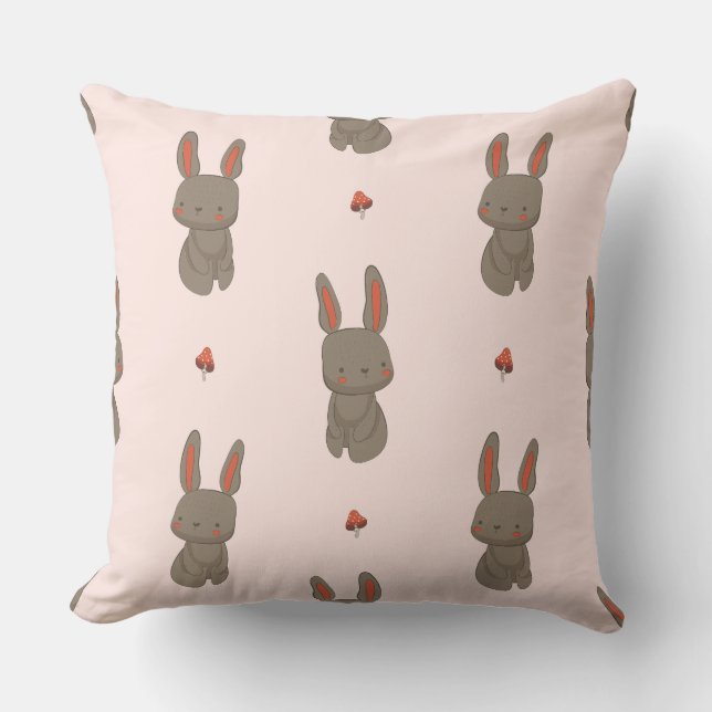 Blush Woodland Bunny & Mushroom Throw Pillow (Front)