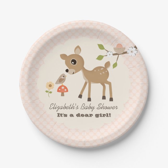 Blush Woodland Deer Baby Girl Shower Paper Plates (Front)