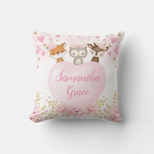 Blush Woodland Valentines Sweetheart Girl Nursery Throw Pillow