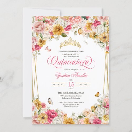Blush Yellow Elegant Floral Buttefly Quinceanera Invitation