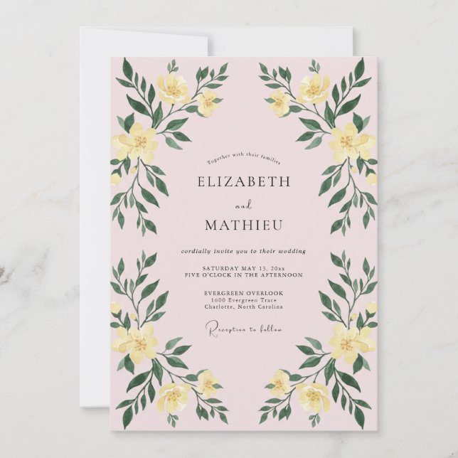 Blush Yellow Leafy Wedding Invitation (Front)