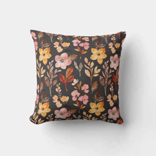 Blush Yellow Wine Fall Autumn Floral Leaves Black Outdoor Pillow