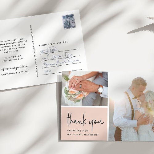 Blushed Gratitude  Wedding Photo Thank You Postcard