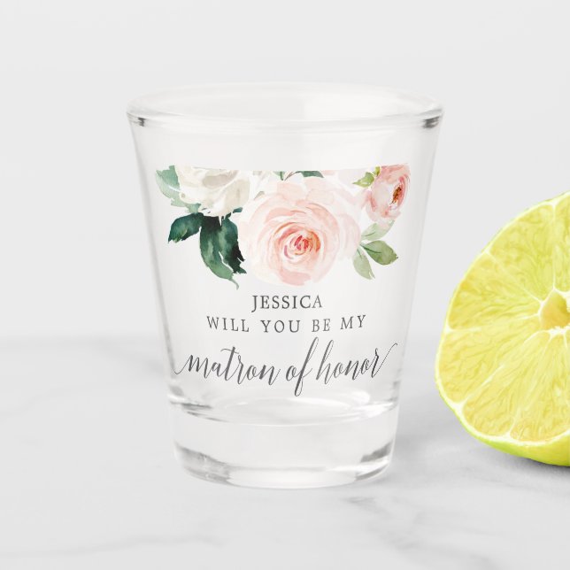 Blushing Blooms Matron of Honor Proposal ShotGlass Shot Glass (Front)