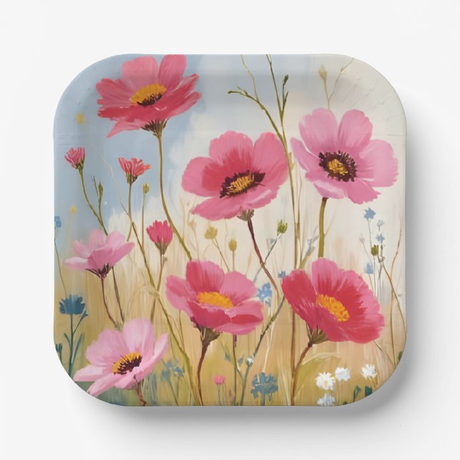 Blushing Blooms | Pink Flower Meadow Floral Paper Plates (Front)