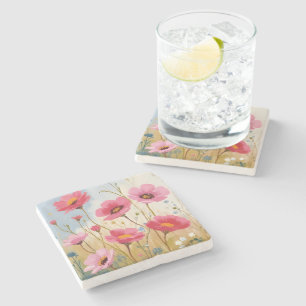 Blushing Blooms Pink Flower Meadow Floral Stone Coaster