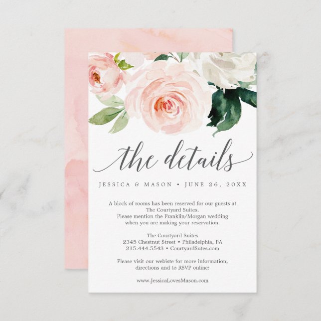 Blushing Blooms Wedding Details Card (Front/Back)