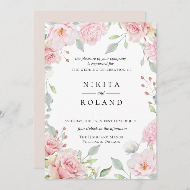 Blushing Blooms Wedding Invitation (Front/Back)
