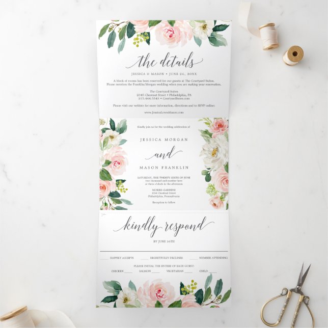 Blushing Blooms Wedding Tri-Fold Invitations RSVP (Inside)