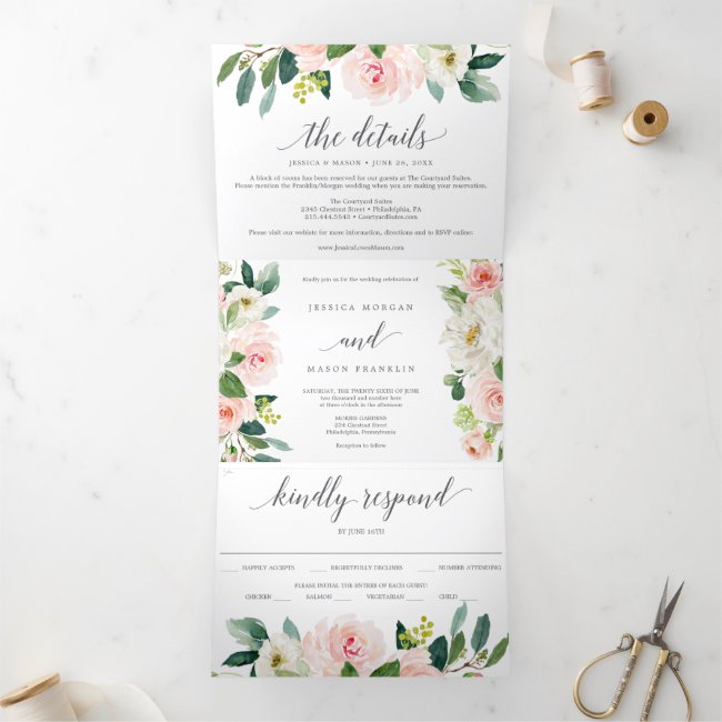 Blushing Blooms Wedding Tri-Fold Invitations RSVP