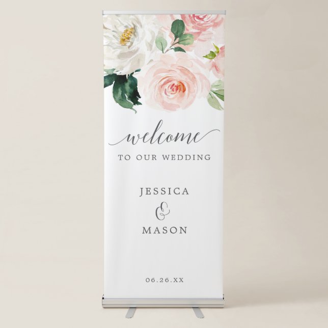 Blushing Blooms Wedding Welcome Banner with Stand (Front)