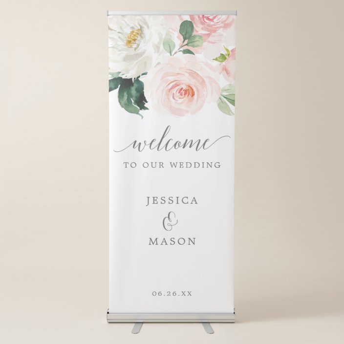 Blushing Blooms Wedding Welcome Banner with Stand | Zazzle.com