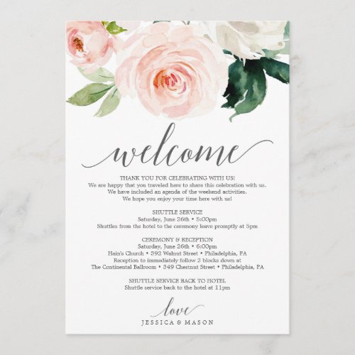Blushing Blooms Wedding Welcome Itinerary Letter Program