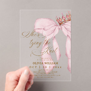 Blushing Bow She's Tying The Knot Bridal Shower Acrylic Invitations