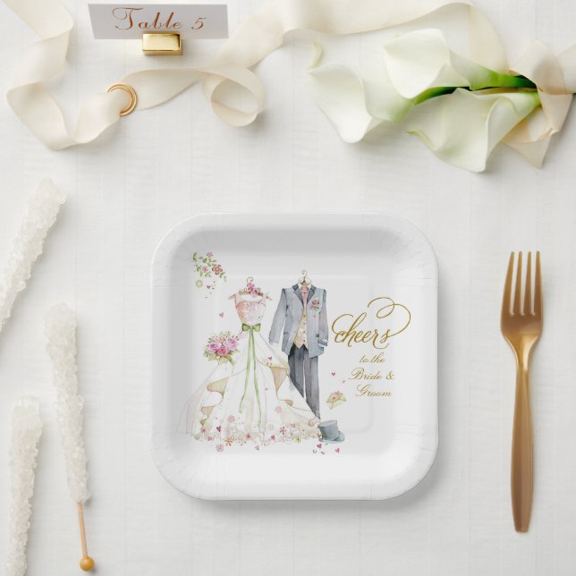 Blushing Bride in Bloom Cheers Bride & Groom Paper Plates (Wedding)
