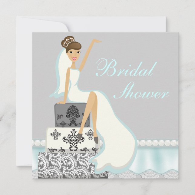 Blushing Brunette Damask Cake Bridal Shower Invite (Front)