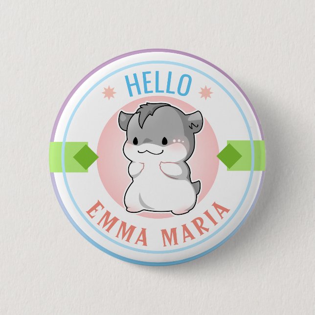 Blushing Chibi Hamster Customizable Name Hello Button (Front)