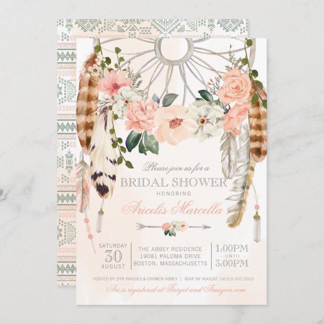 Blushing Dream  Boho Dreamcatcher Bridal Shower Invitation (Front/Back)