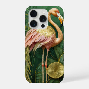 Blushing Flamingo Glistening Gold, Elegant iPhone 15 Pro Case