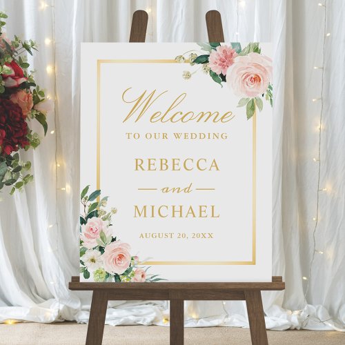 Blushing Floral Gold Frame Wedding Welcome Sign