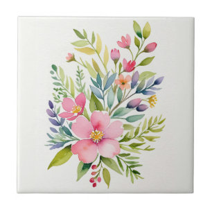 Blushing Garden Watercolor Floral Bouquet Ceramic Tile