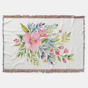 Blushing Garden Watercolor Floral Bouquet Throw Blanket
