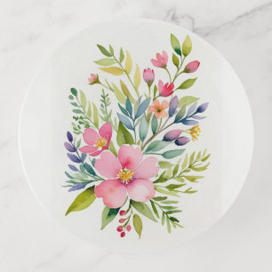 Blushing Garden Watercolor Floral Bouquet Trinket Tray