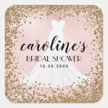 Blushing Glitter Bride Dress Bridal Shower Favor Square Sticker by NBpaperco at Zazzle