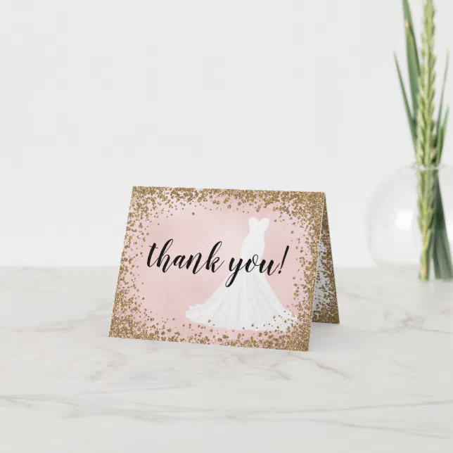 Blushing Glitter Bride Dress Bridal Thank You Card | Zazzle