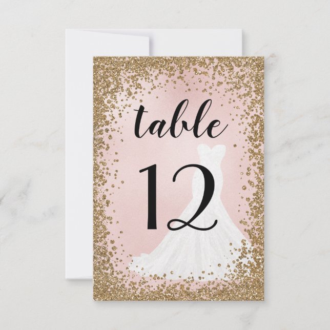 Blushing Glitter Bride Dress Table Number Card (Front)