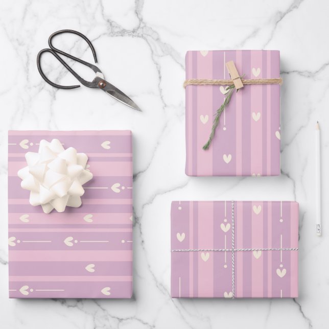 Blushing Heart Stripes Pattern Wrapping Paper Sheets (Front)