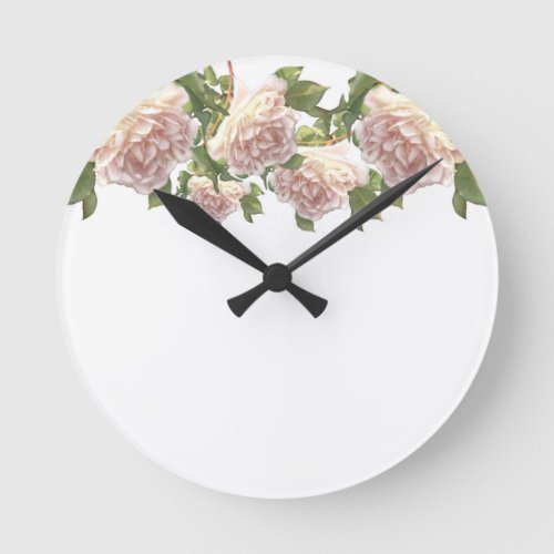 Blushing Ivory Peach Rose Round Clock