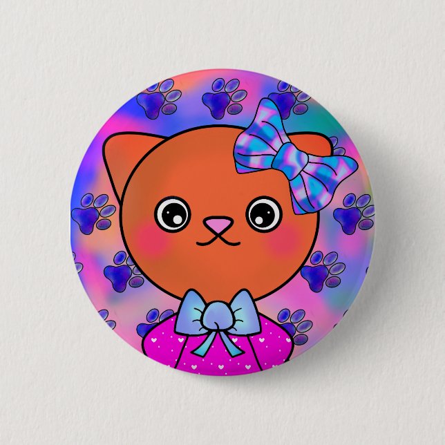 Blushing Kitty Cute Paw Prints Happy Smile Button (Front)