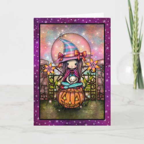 Blushing Moon Cute Witch and Cat Art Card