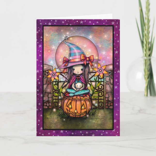 Blushing Moon Cute Witch and Cat Art Card (Front)