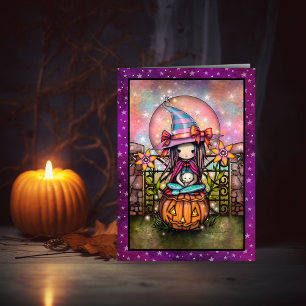 Blushing Moon Cute Witch and Cat Halloween Art Card