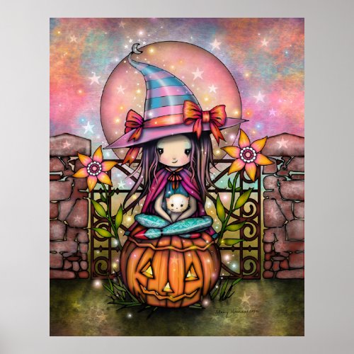 Blushing Moon Cute Witch with Cat Art Poster