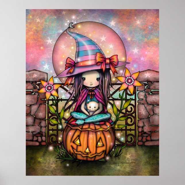 Blushing Moon Cute Witch with Cat Art Poster (Front)