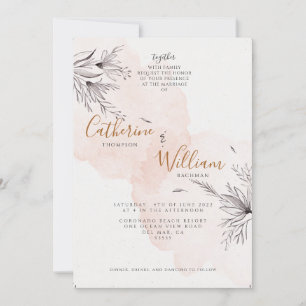 Blushing Peach Grey Floral Photo Wedding Invitation