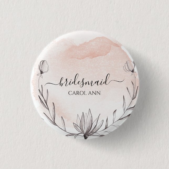 Blushing Peach Watercolor Bridesaid Button (Front)