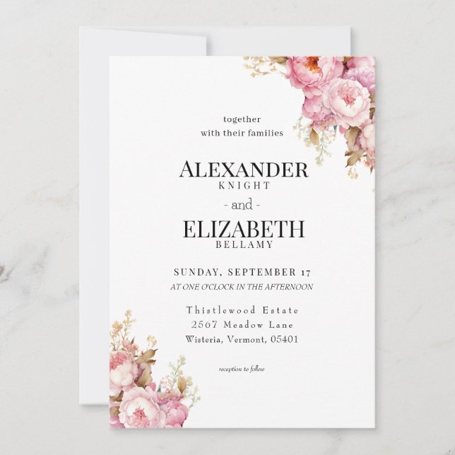 Blushing Peony Blooms Wedding Invitation (Front)