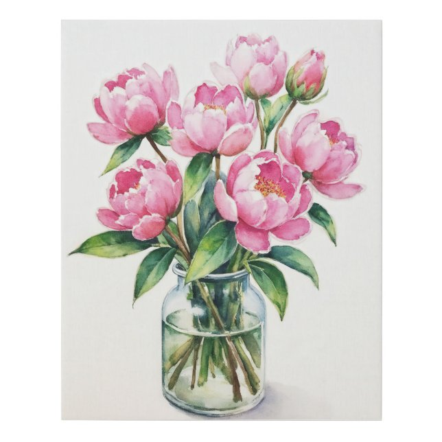 Blushing Peony Bouquet in Watercolor Drawing Faux Canvas Print (Front)