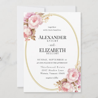 Blushing Peony Of Gold Circle Wedding Invitation