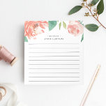 Blushing Peony | Personalized Lined Notepad<br><div class="desc">Chic floral notepad features a top border of watercolor peony flowers in blush pink and peach with lush green leaves. Personalize with two lines of custom text in modern lettering; shown with the French greeting "bonjour" and your name. Lined.</div>