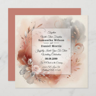 Blushing Petals and Silver Swirls Wedding Invitation
