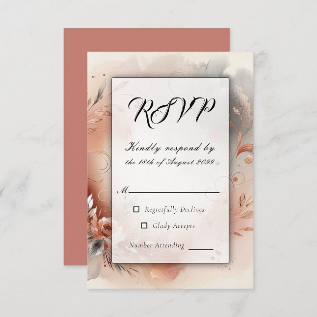 Blushing Petals and Silver Swirls Wedding RSVP Card (Front/Back)