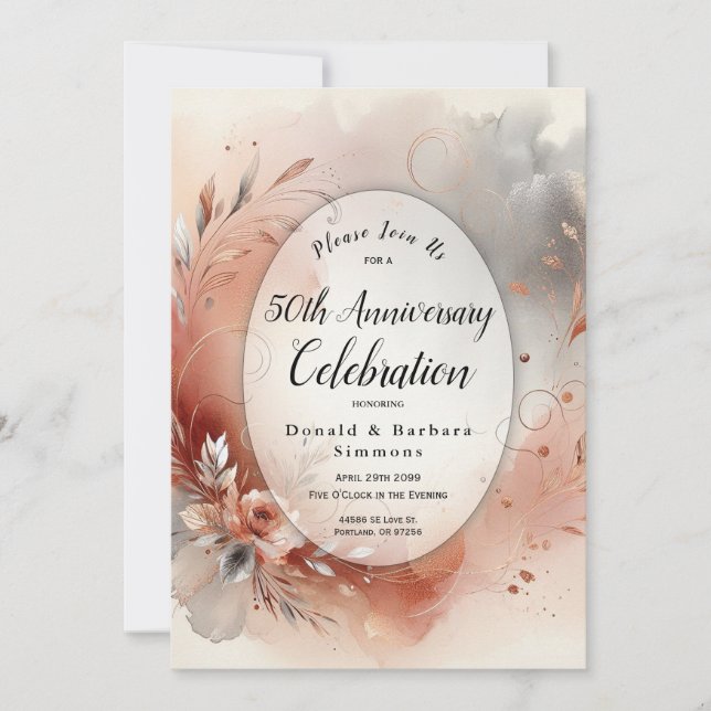 Blushing Petals Silver Swirls Anniversary Party Invitation (Front)