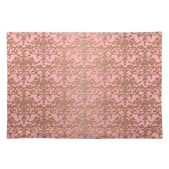 Blushing Pink and Gold Girly Damask Cloth Placemat (Front)